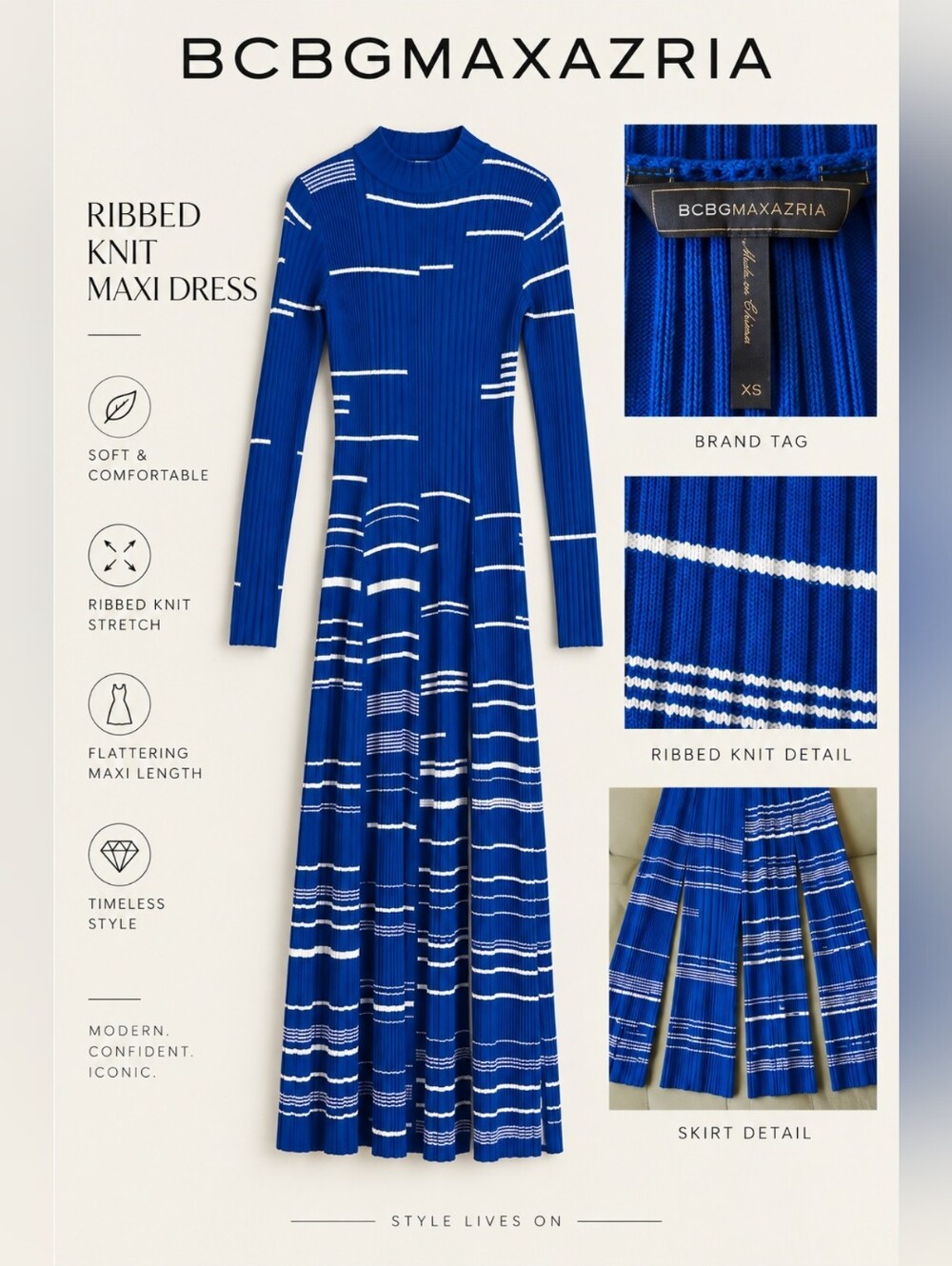 BCBGMAXAZRIA Blue Ribbed Knit Cotton Maxi Dress With White Accents, XS
